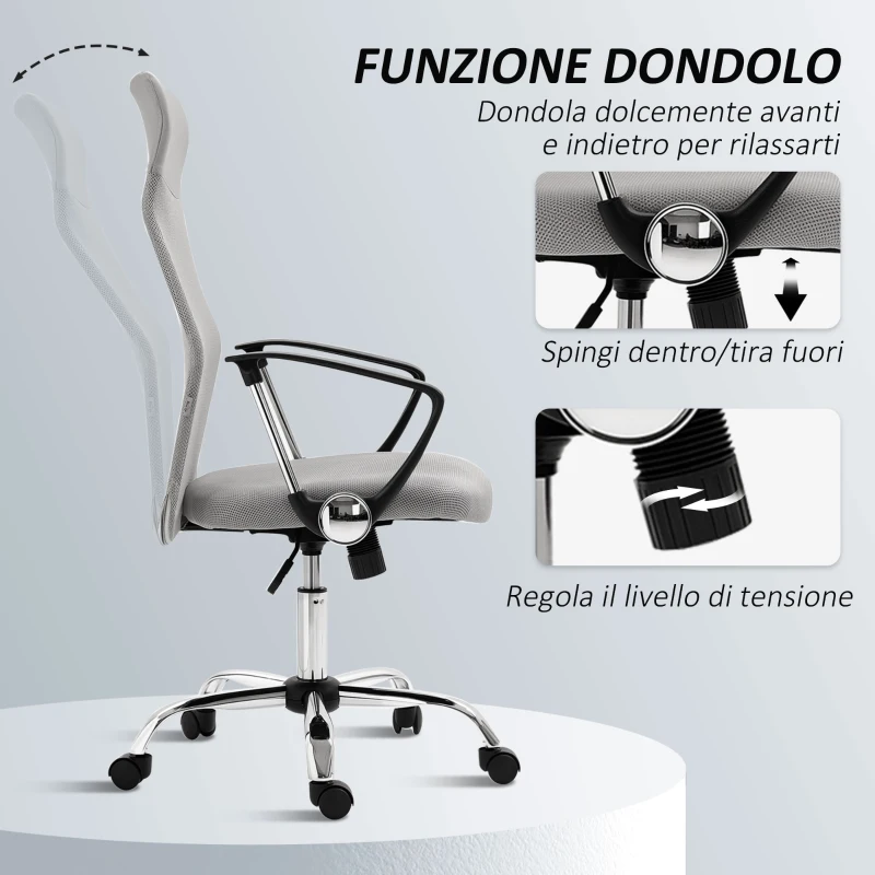 HOMCOM Sedia Ergonomica da Ufficio Girevole, Altezza Regolabile e Schienale a Rete, 63x65x109-119 cm, Grigio Chiaro