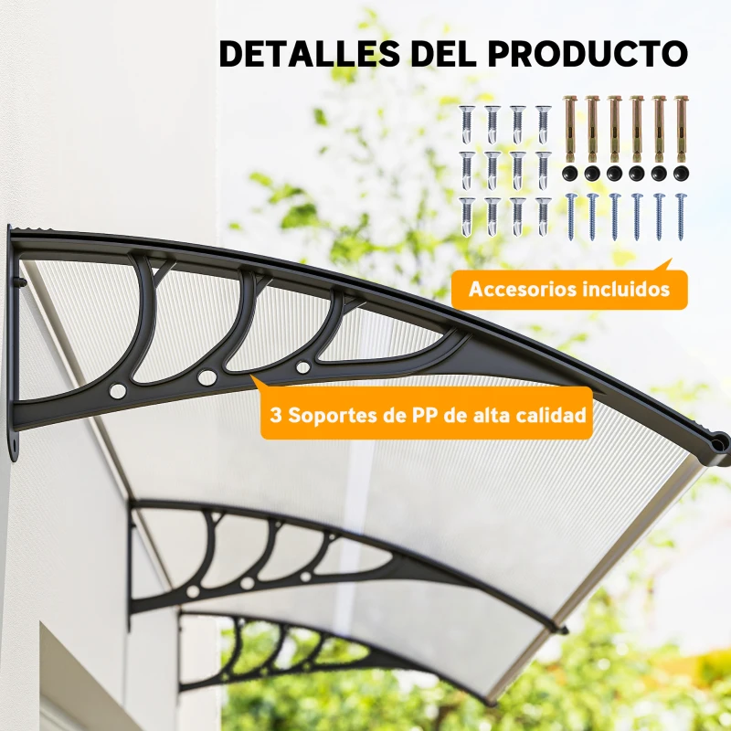 Outsunny Tejadillo de Protección 195x75 cm Marquesina de Exterior con Paneles de Policarbonato Barras de Aluminio Transparente