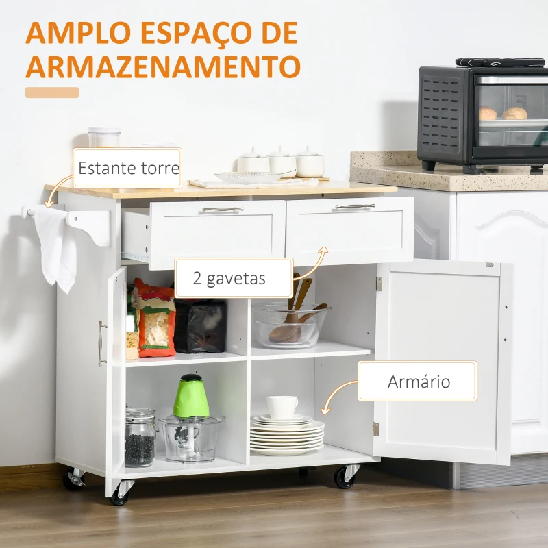 HOMCOM Carrinho de Cozinha com Rodas Móvel Auxiliar de Cozinha com 2 Gavetas 2 Portas Prateleira Ajustável 104x46x91 cm Branco