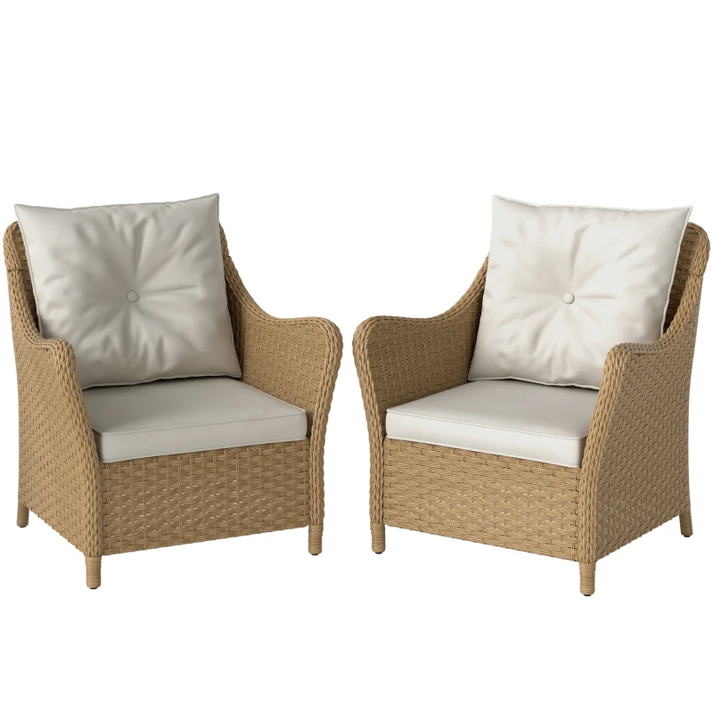 Outsunny Rattan Garden Chairs Set of 2, Outdoor Rattan Chairs with Cushions, Armrests and High Back, PE Wicker Garden Armchair with Steel Frame for Balcony, Porch, Beige