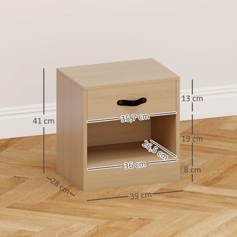 HOMCOM Pack de 2 Mesitas de Noche con Cajón y Compartimento Abierto para Salón 39x28x41 cm Natural