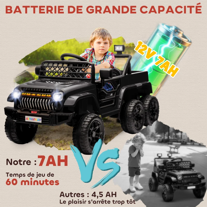 AIYAPLAY Voiture électrique enfant buggy électrique enfant 2 moteurs 12 V 3 vitesses remorque arrière 122L x 62,5l x 65H cm noir