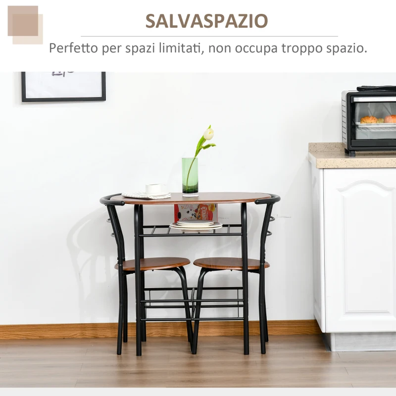 HOMCOM Set Tavolo Moderno con 2 Sedie per Sala da Pranzo, Set 3 Pezzi Mobili Salvaspazio da Cucina, Balcone, Ristorante o Bar, Marrone e Nero