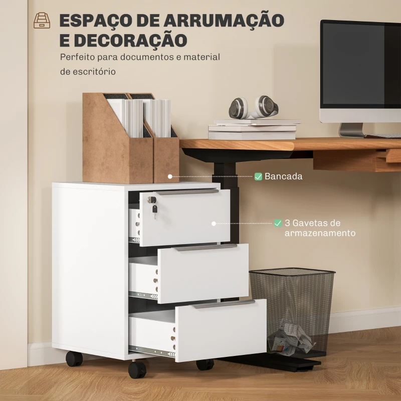 HOMCOM Bloco de Gavetas Móvel de Escritório com 3 Gavetas Fechadura Rodas e Travão para Documentos 40x40x63,5 cm Branco