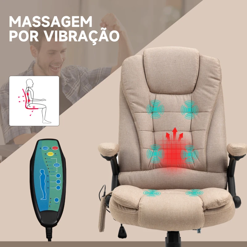 Vinsetto Cadeira de Escritório com 6 Pontos de Massagem Reclinável até 130° com Função de Aquecimento 68x72x110-120 cm Marrom Claro