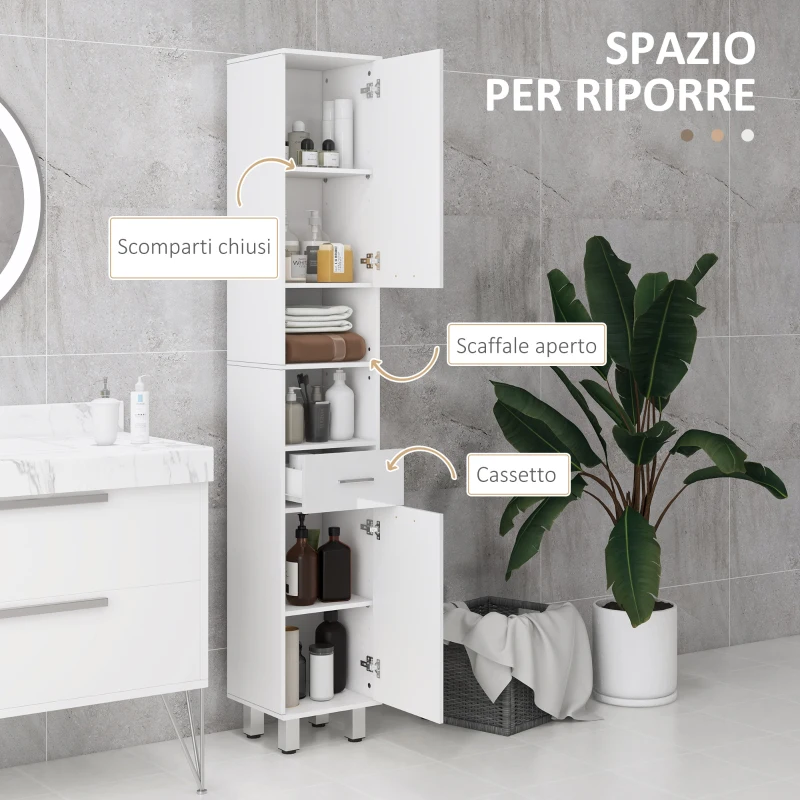 kleankin Colonna Bagno con Cassetto, 2 Ripiani Aperti e 2 Armadietti a 2 Livelli, in Legno, 30x30x180 cm, Bianco Lucido
