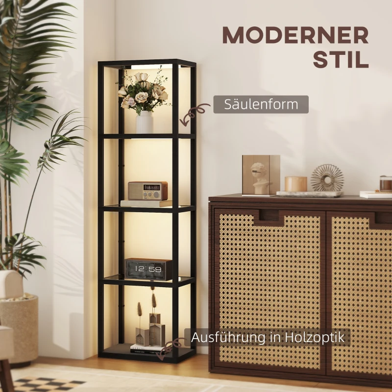 HOMCOM Lampada da Terra LED con Ripiano a 4 Livelli, Lampada da Terra a LED con 4 Ripiani in Vetro, Interruttore a Pedale, MDF, Nero