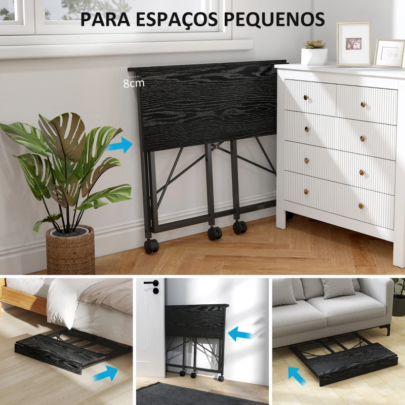 HOMCOM Secretária Dobrável com Rodas Mesa de Secretária Compacta Portátil para Espaços Pequenos 80x40x75 cm Preto
