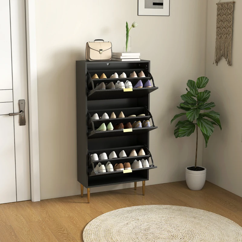 HOMCOM Elegant Three-Drawer Shoe Cabinet - Black