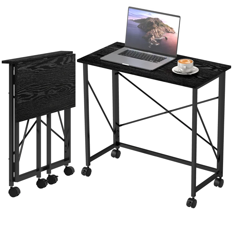 HOMCOM Secretária Dobrável com Rodas Mesa de Secretária Compacta Portátil para Espaços Pequenos 80x40x75 cm Preto