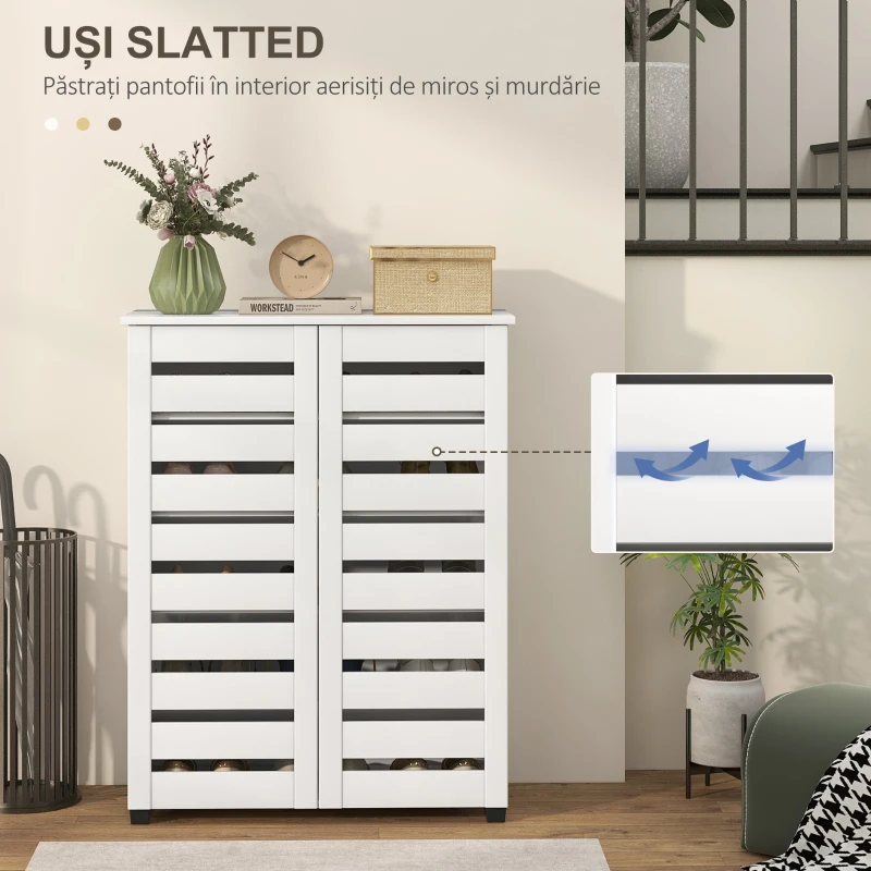 HOMCOM Dulap de Pantofi Modern cu 5 Niveluri cu Uși cu Jaluzele din Lemn Alb