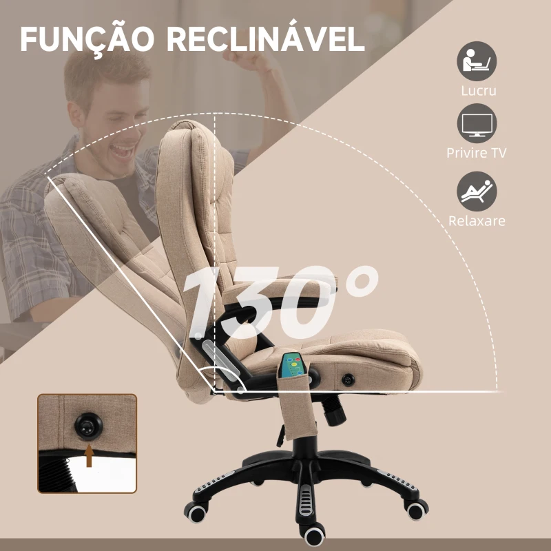 Vinsetto Cadeira de Escritório com 6 Pontos de Massagem Reclinável até 130° com Função de Aquecimento 68x72x110-120 cm Marrom Claro
