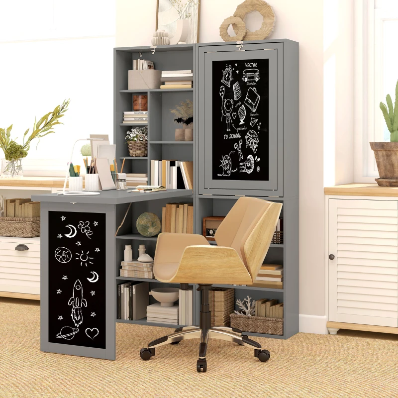 HOMCOM Bureau avec rangement pliable murale rabattable avec bibliothèque poste de travail tableau à craie et étagère réglable(m-2)