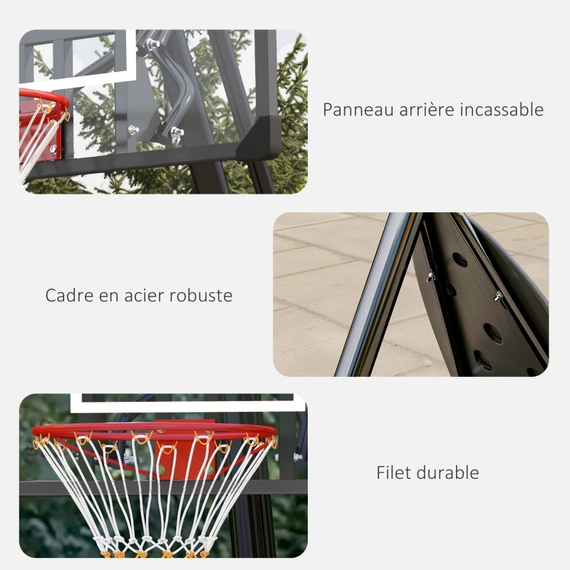 SPORTNOW Panier de basket extérieur, hauteur réglable 236-293 cm, stable, roulettes et support balon(m-8)