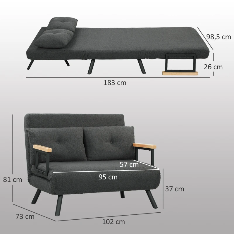 HOMCOM Sofá Cama Sofá Convertível em Cama de 2 Lugares Dobrável com Encosto Ajustável em 5 Níveis e 2 Almofadas 102x73x81 cm Cinza