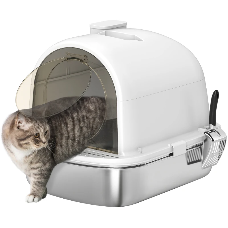 PawHut Casa Igienica per Gatti Lettiera Chiusa in Acciaio Inossidabile, Facile Pulizia, 52,4 x 41,3 x 39,9 cm, Bianco