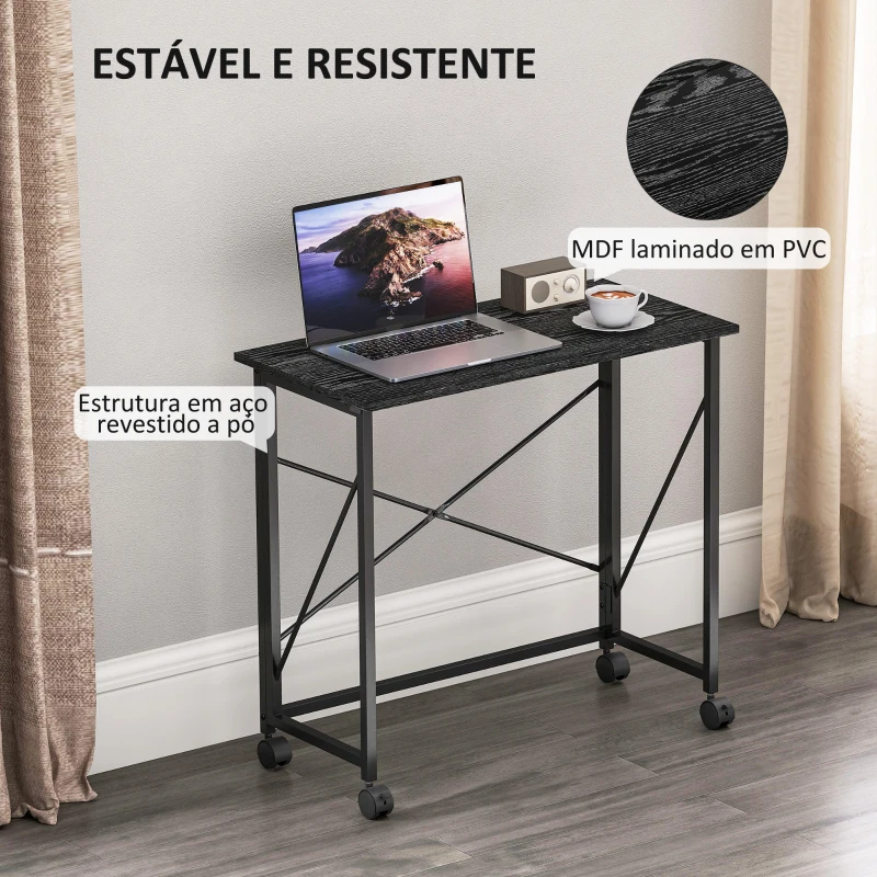 HOMCOM Secretária Dobrável com Rodas Mesa de Secretária Compacta Portátil para Espaços Pequenos 80x40x75 cm Preto