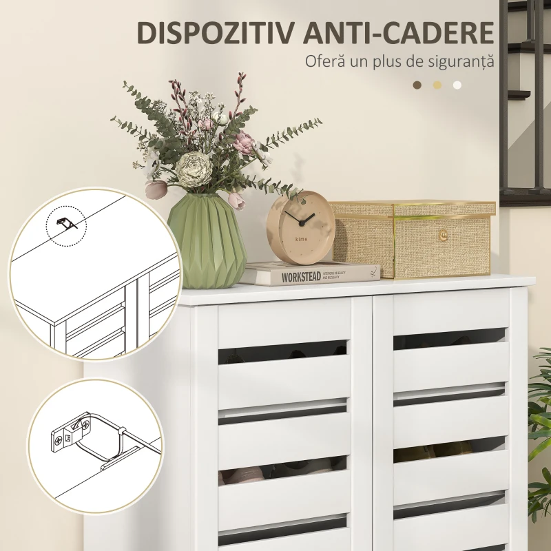 HOMCOM Dulap de Pantofi Modern cu 5 Niveluri cu Uși cu Jaluzele din Lemn Alb