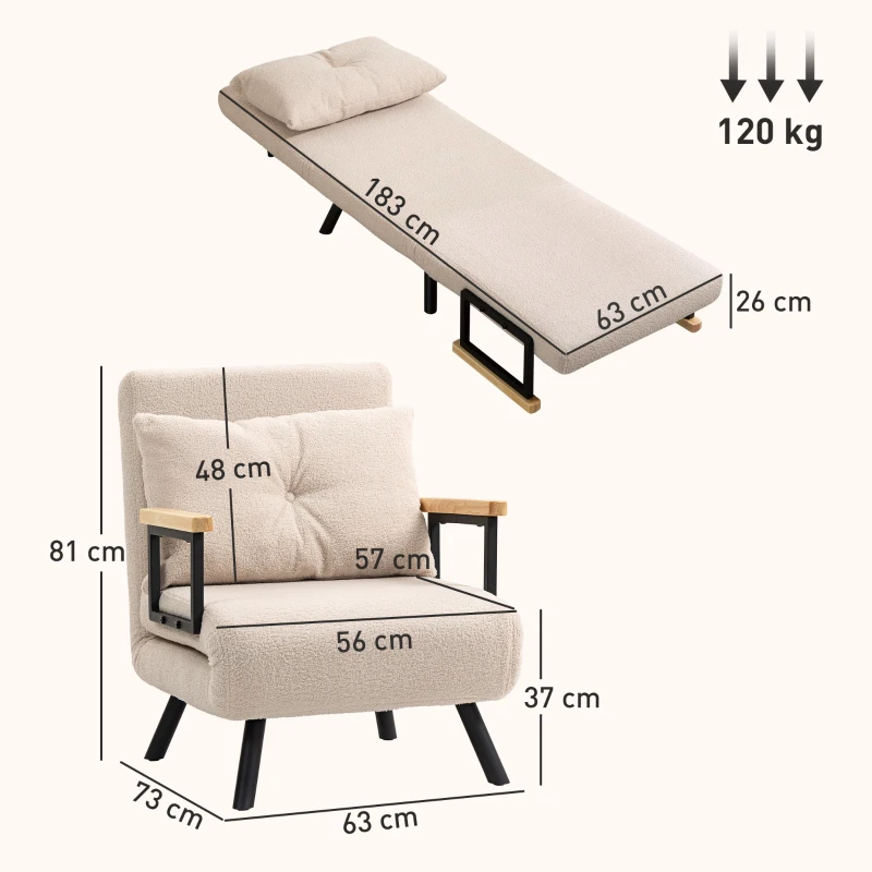HOMCOM Poltrona Convertível em Cama Poltrona 3 em 1 Convertível em Cama com Encosto Ajustável em 5 Níveis 63x73x81 cm Bege