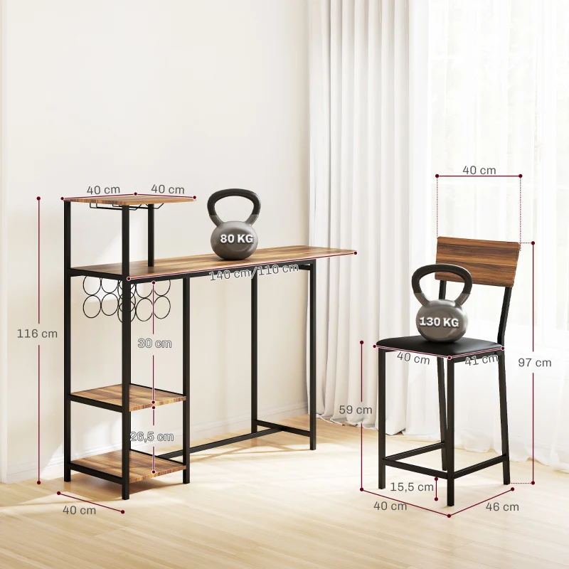 HOMCOM Conjunto de Mesa e Bancos de Bar Mesa Alta de Cozinha com 2 Bancos Laterais Rebatíveis Suporte para Vinhos e Prateleiras Castanho e Preto