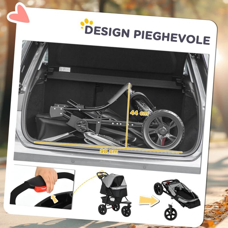 PawHut 2 in 1 Passeggino per Cani Pieghevole a 3 Ruote con Freno, Cestino Portaoggetti e Porta Bottiglia, in Acciaio e Oxford, Grigio e Nero, 109.5x57.5x106.5cm