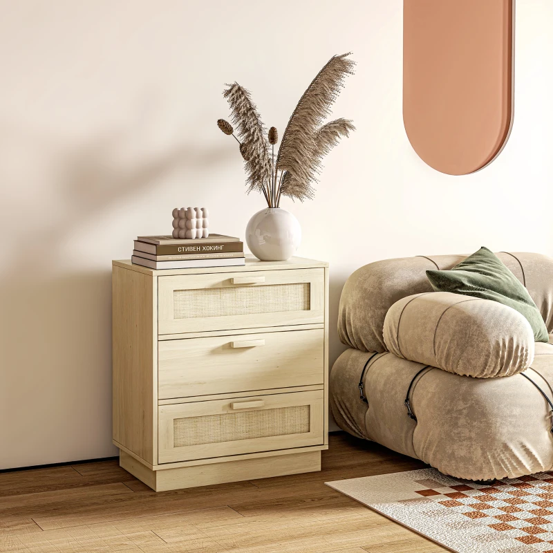 HOMCOM Commode design bohème en rotin avec 3 tiroirs, meuble de rangement pour le salon, le couloir, l'entrée, bois naturel
