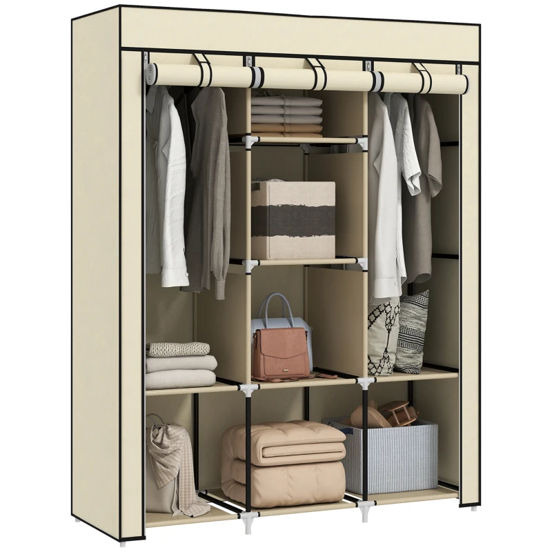 HOMCOM Fabric Wardrobe, with Rails and Shelves - Cream White
