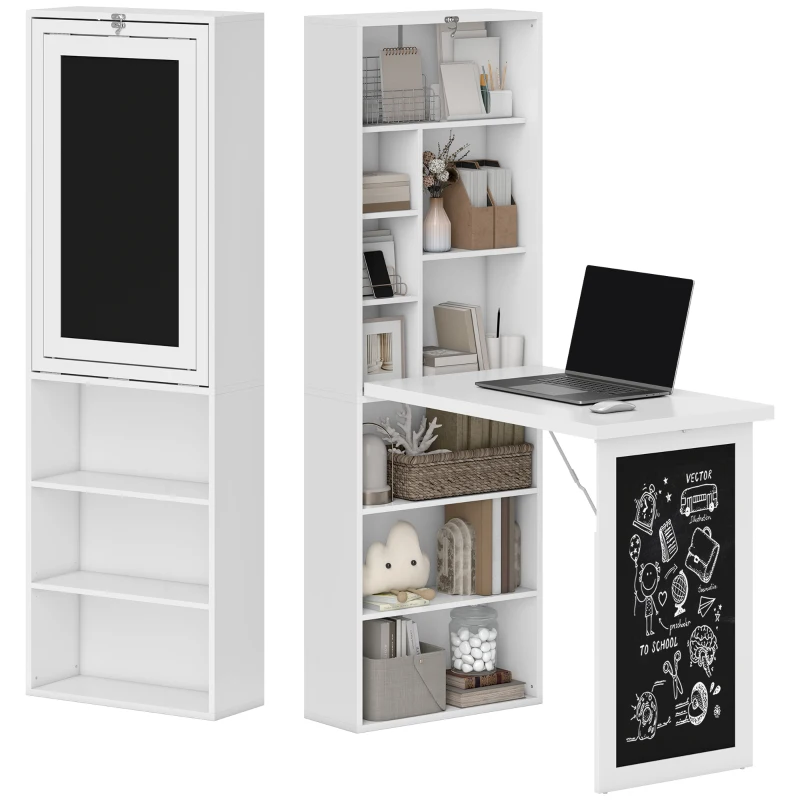 HOMCOM Wall Mounted Computer Desk, Folding Study Table with Black Board and Bookshelf, Multifunctional Floating Writing Desk for Home Office, White
