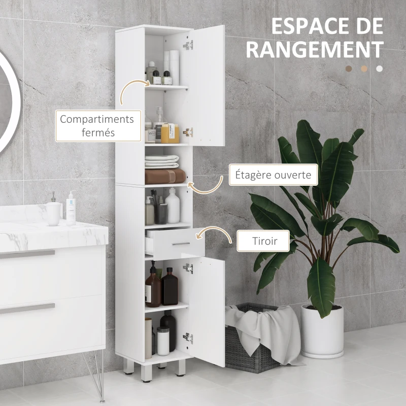 kleankin Meuble colonne salle de bain avec étagères réglables et compartiments ouverts, 30x30x180cm, blanc brillant