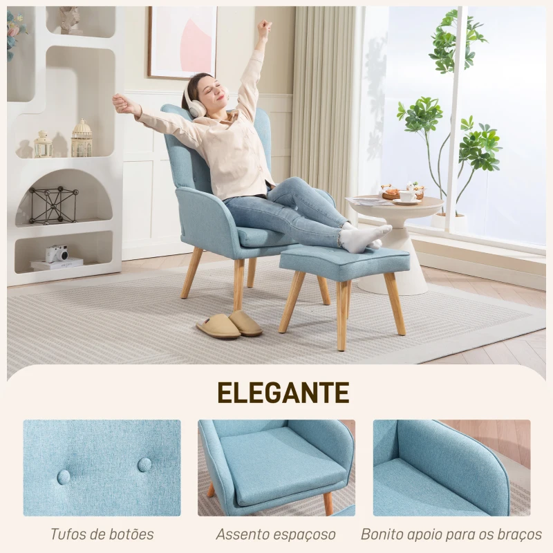 HOMCOM Poltrona com Apoio para Pés Poltrona de Leitura com Capitonê Pés de Madeira e Revestimento em Linho 70x72x94 cm Azul Claro