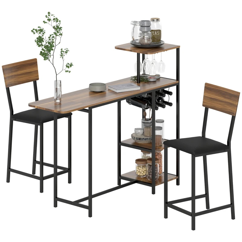 HOMCOM Conjunto de Mesa e Bancos de Bar Mesa Alta de Cozinha com 2 Bancos Laterais Rebatíveis Suporte para Vinhos e Prateleiras Castanho e Preto