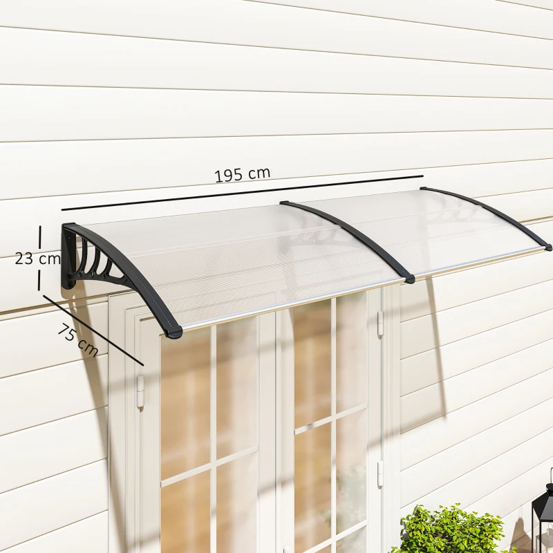 Outsunny Pensilina Tettoia da Esterno 195x75cm, Tettoia per Esterno in Policarbonato e Alluminio, per Balcone Finestre e Porte, Trasparente(m-3)