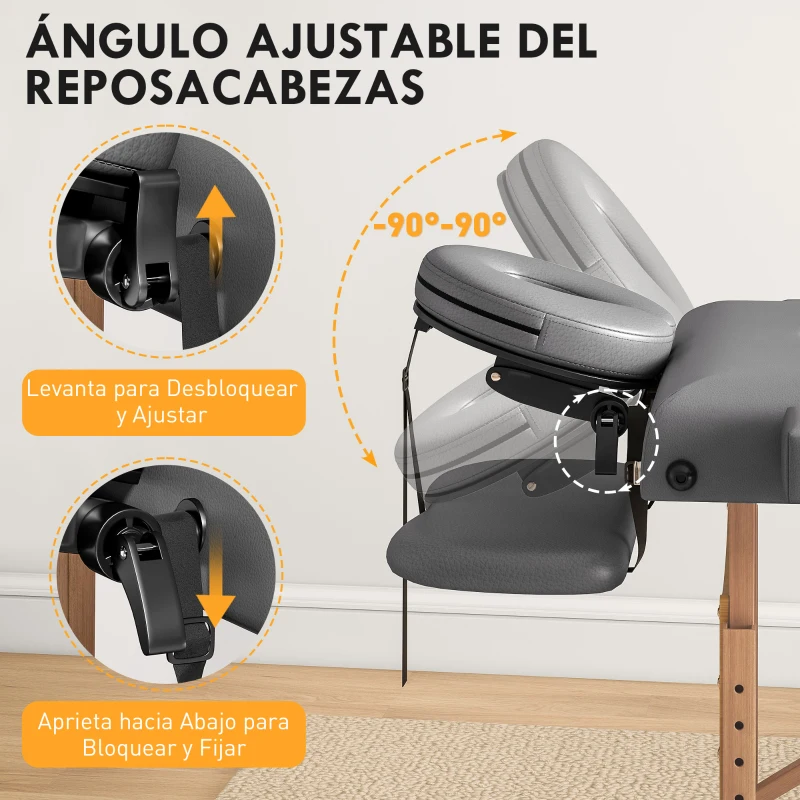 HOMCOM Camilla Masaje Plegable de Madera de 3 Zonas con Altura Respaldo Reposacabezas Ajustables Brazos 215x60x64-89 cm Gris