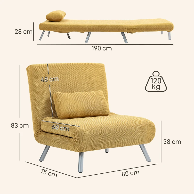 HOMCOM Sofá Cama Individual 3 em 1 Poltrona Cama Dobrável com Encosto Ajustável de 5 Níveis e Almofada 80x75x83 cm Amarelo