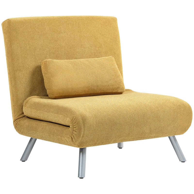 HOMCOM Sofá Cama Individual 3 em 1 Poltrona Cama Dobrável com Encosto Ajustável de 5 Níveis e Almofada 80x75x83 cm Amarelo