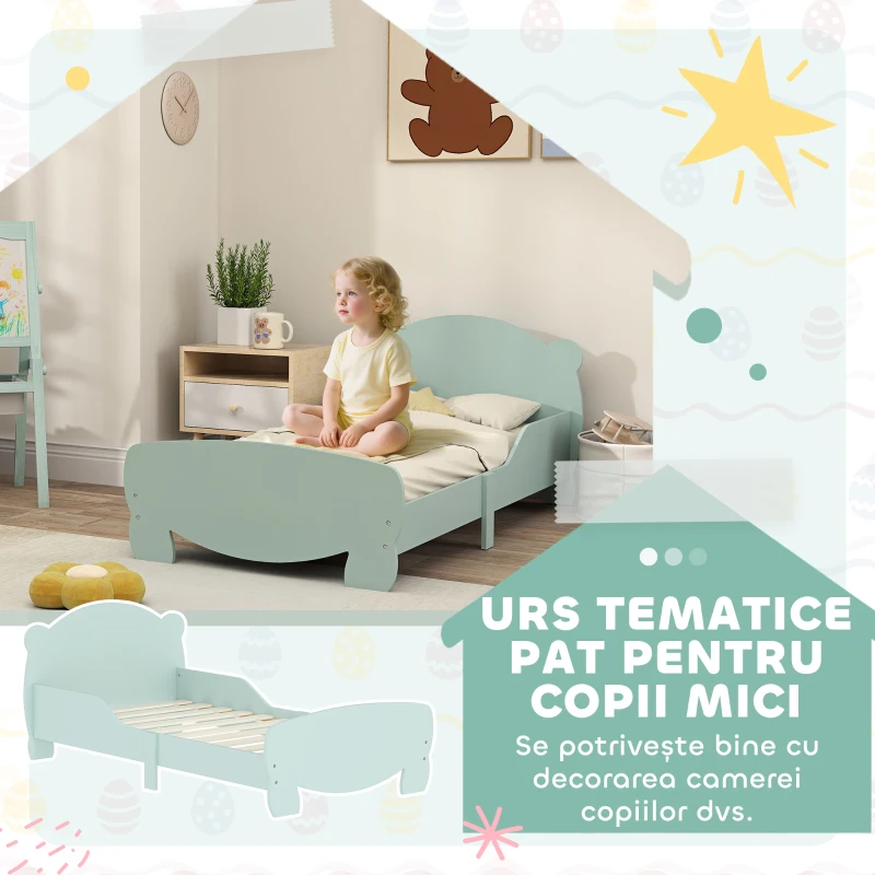 AIYAPLAY Pătuț pentru Copii cu Tăblie și Suport în Formă de Ursuleț și 2 Bare Laterale, Verde