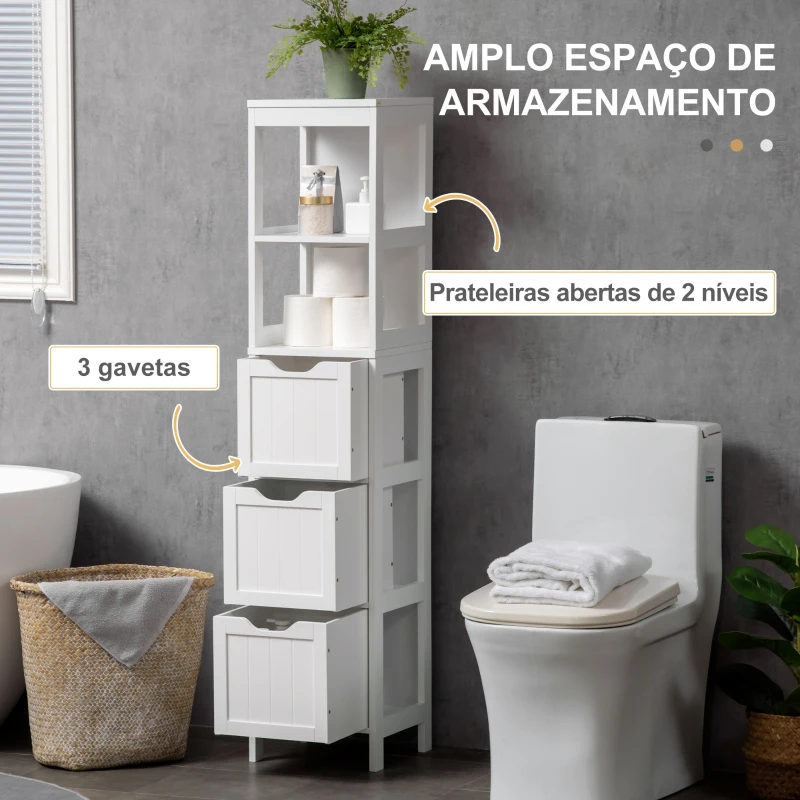 HOMCOM Armário Casa de Banho Estreito com 3 Gavetas e 2 Prateleiras Abertas Estilo Moderno 30x30x141,6 cm Branco