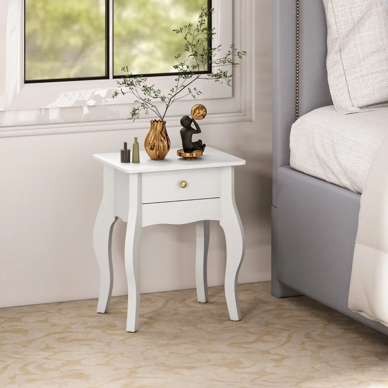 HOMCOM Mesa de Centro con Cajón Estilo Francés con Patas Curvas 45x35x55 cm Blanco