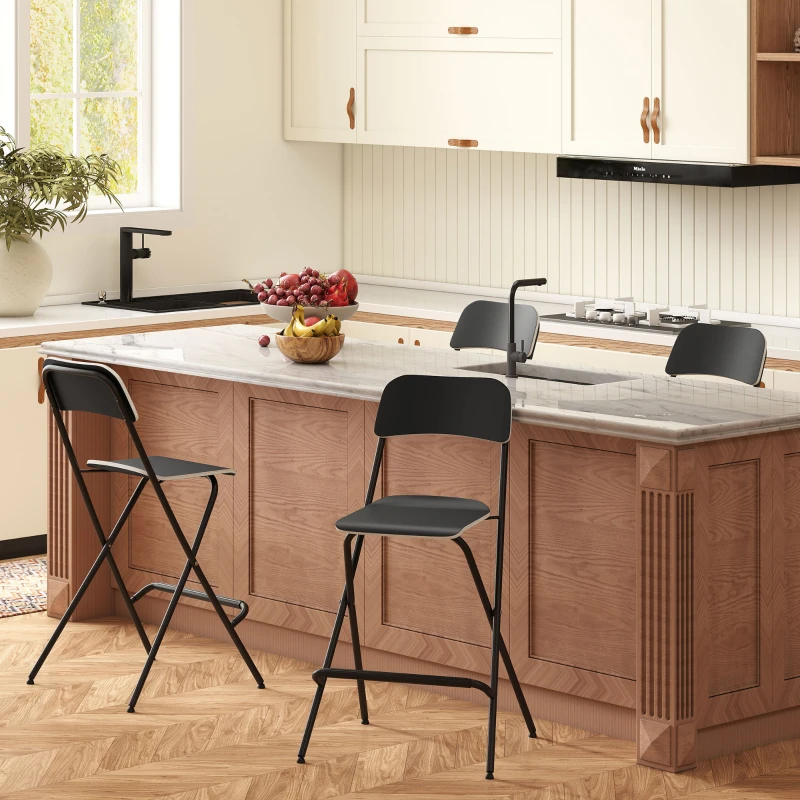 HOMCOM Set de 2 Taburetes de Bar Plegables con Marco de Acero, para Cocina, Comedor, Negro