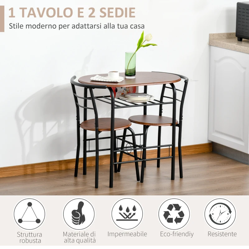 HOMCOM Set Tavolo Moderno con 2 Sedie per Sala da Pranzo, Set 3 Pezzi Mobili Salvaspazio da Cucina, Balcone, Ristorante o Bar, Marrone e Nero