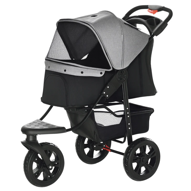 PawHut 2 in 1 Passeggino per Cani Pieghevole a 3 Ruote con Freno, Cestino Portaoggetti e Porta Bottiglia, in Acciaio e Oxford, Grigio e Nero, 109.5x57.5x106.5cm