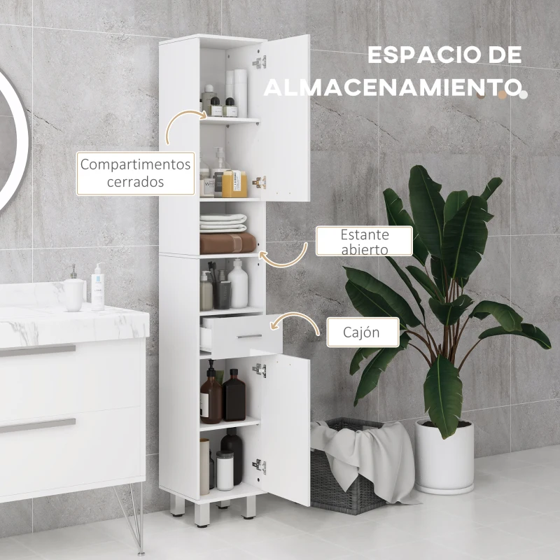 kleankin Mueble Auxiliar Baño Moderno Armario de Baño con 1 Cajón 3 Estantes Ajustables y 2 Armarios 30x30x180cm Blanco Brillante