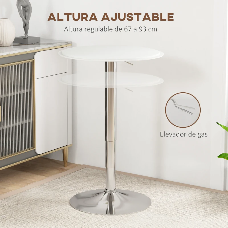 HOMCOM Mesa de Bar con Altura Ajustable Giratoria 360° Base Redonda Mesa Alta de Bar para Cocina Comedor Ø63x67-93 cm Blanco