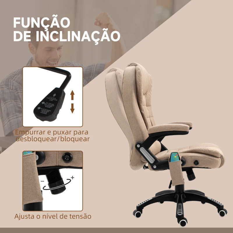 Vinsetto Cadeira de Escritório com 6 Pontos de Massagem Reclinável até 130° com Função de Aquecimento 68x72x110-120 cm Marrom Claro