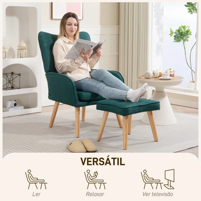 HOMCOM Poltrona com Apoio para Pés Poltrona de Leitura com Capitonê Pés de Madeira e Revestimento em Linho 70x72x94 cm Verde Escuro