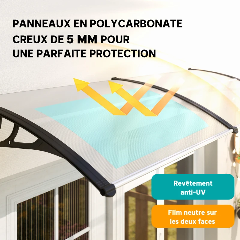Outsunny Auvent de porte d'entrée, toit marquise de porte exterieur en polycarbonate et aluminium résistante toit abri protection contre la pluie et UV pour terrasse, balcon, 195 x 75 cm, transparent
