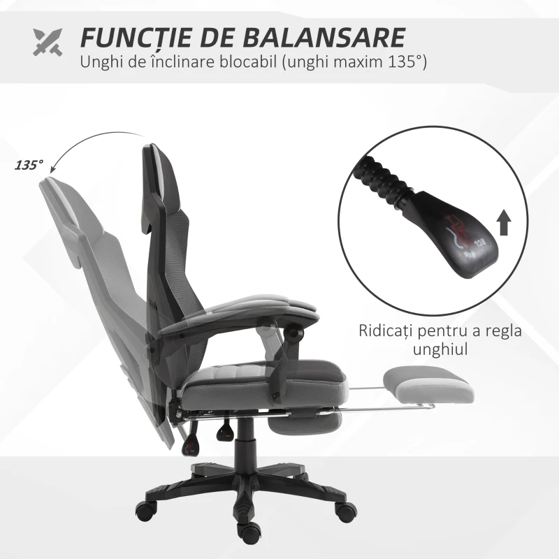 Vinsetto Scaun de Birou Ergonomic Reclinabil cu Suport Picioare Retractabil, Gri
