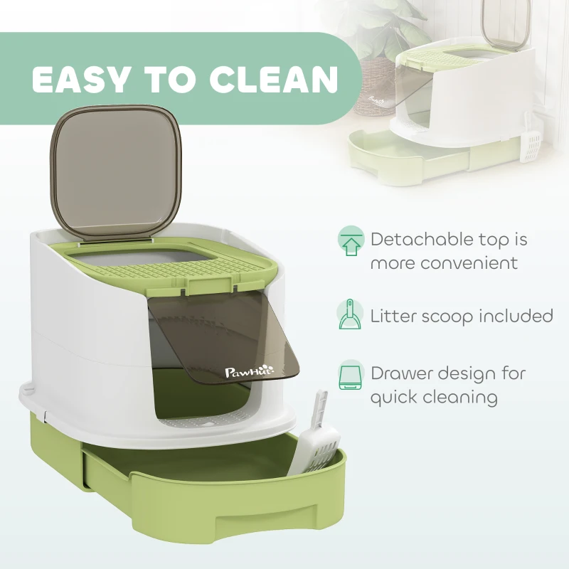 PawHut Cat Litter Box with Lid, Scoop, Deodorisation Bags, Top Entry, Green
