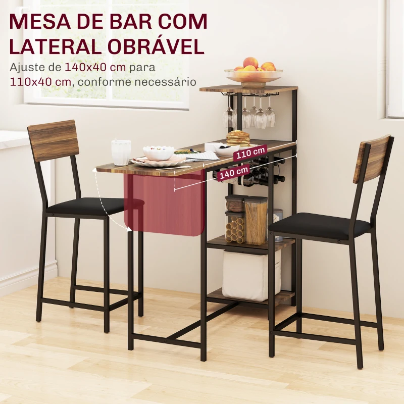 HOMCOM Conjunto de Mesa e Bancos de Bar Mesa Alta de Cozinha com 2 Bancos Laterais Rebatíveis Suporte para Vinhos e Prateleiras Castanho e Preto