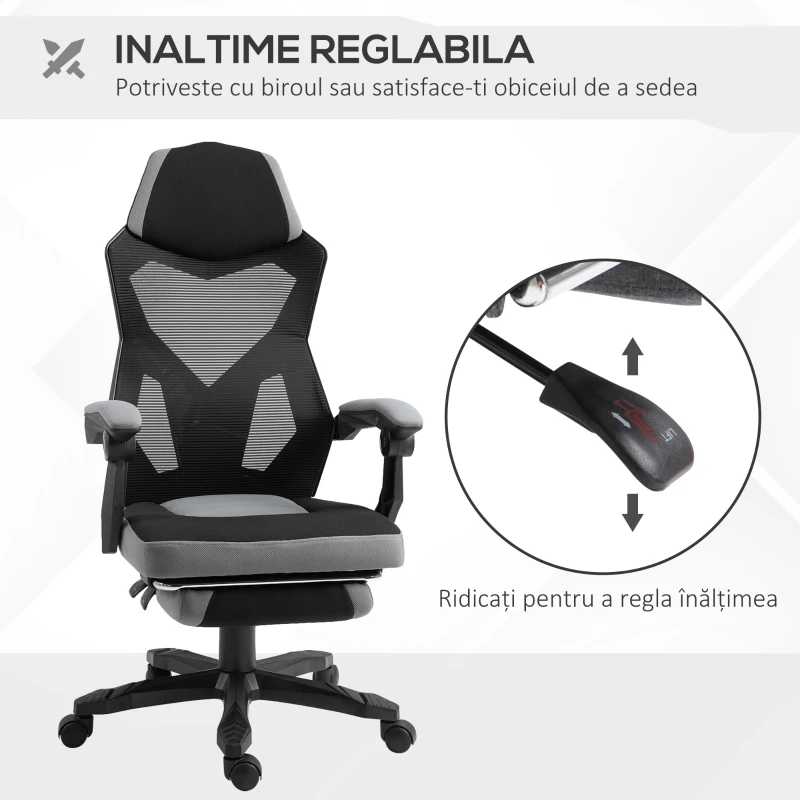 Vinsetto Scaun de Birou Ergonomic Reclinabil cu Suport Picioare Retractabil, Gri